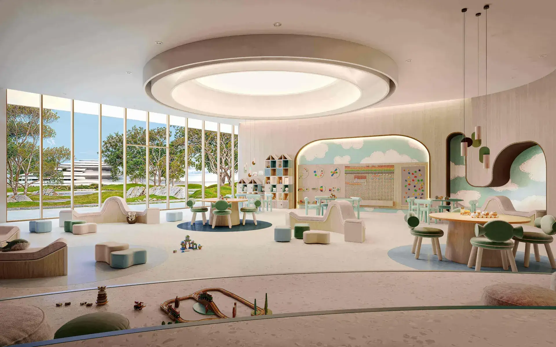 Indoor Kid's Club
A thoughtfully designed indoor retreat featuring soft sculptural forms, calming muted tones, and child-friendly spaces that inspire creativity and exploration. Natural light filters gently through rice-paper–inspired screens, while warm timber detailing creates a welcoming and tranquil environment for younger residents.