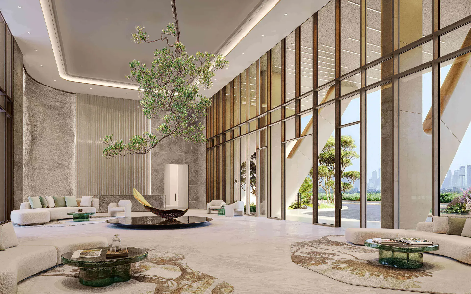 The Grand Lobby
The grand lobby at HADO by Beyond welcomes residents with understated elegance, where soaring ceilings, sculptural lighting, and refined stone and timber finishes create a warm and sophisticated arrival experience defined by calm luxury.